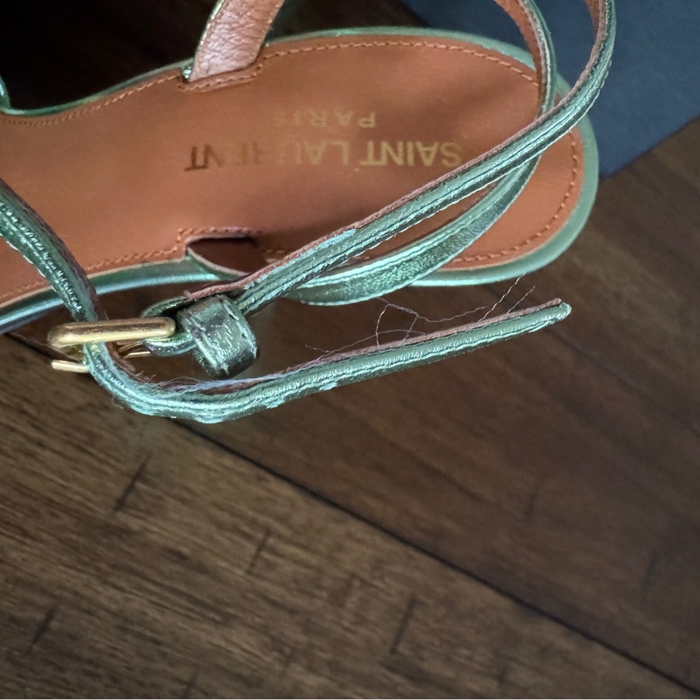 Saint Laurent Metallic Green Strappy “Tina Sandals” Heels - Picture 5 of 12